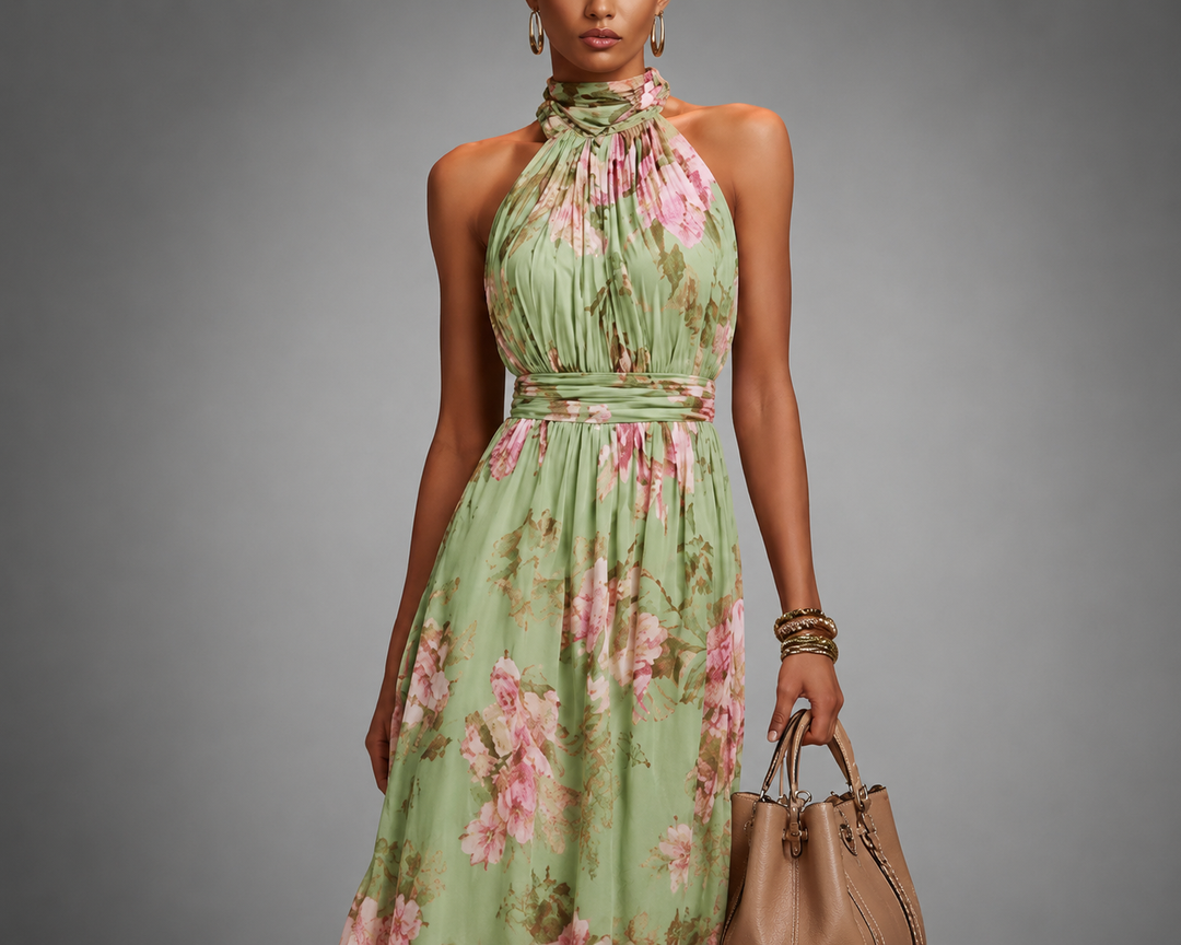 Comfortabele groene zomerjurk voor dames, lange bloemenprint jurk met flatterende halternek, ideaal voor strand of feest.