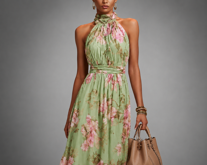 Comfortabele groene zomerjurk voor dames, lange bloemenprint jurk met flatterende halternek, ideaal voor strand of feest.