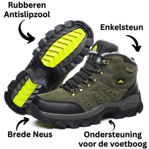 Voorkant bruine heren All-Terrain Comfort wandelschoenen, duurzaam materiaal voor wandelaars.