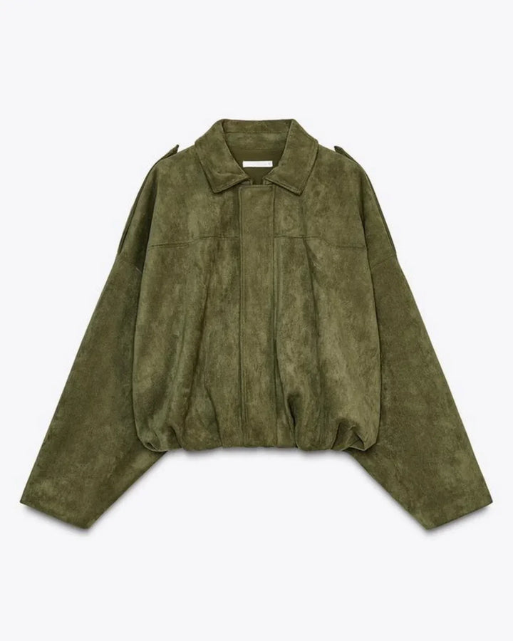 Dames oversized jas van leer, groen, moderne en comfortabele winterstijl.