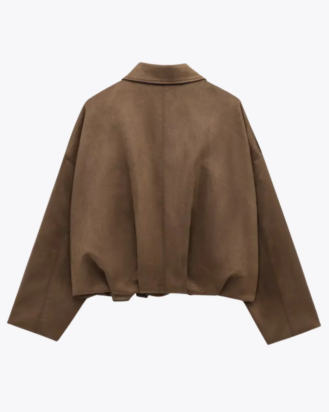 Korte bruine oversized leren damesjas, stijlvolle en warme winterjas.