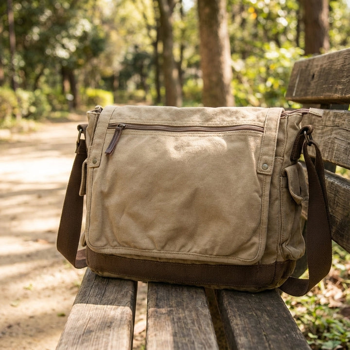 Groene vintage canvas messenger tas voor unisex gebruik, ideaal als ruime schoudertas of laptoptas.