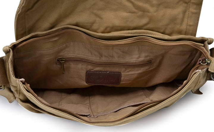 Unisex vintage messenger tas van groen canvas, stijlvolle en duurzame schoudertas voor werk of studie.