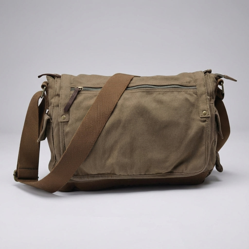 Detail van de duurzame groene vintage canvas stof van de CarryForge messenger tas, unisex schoudertas.