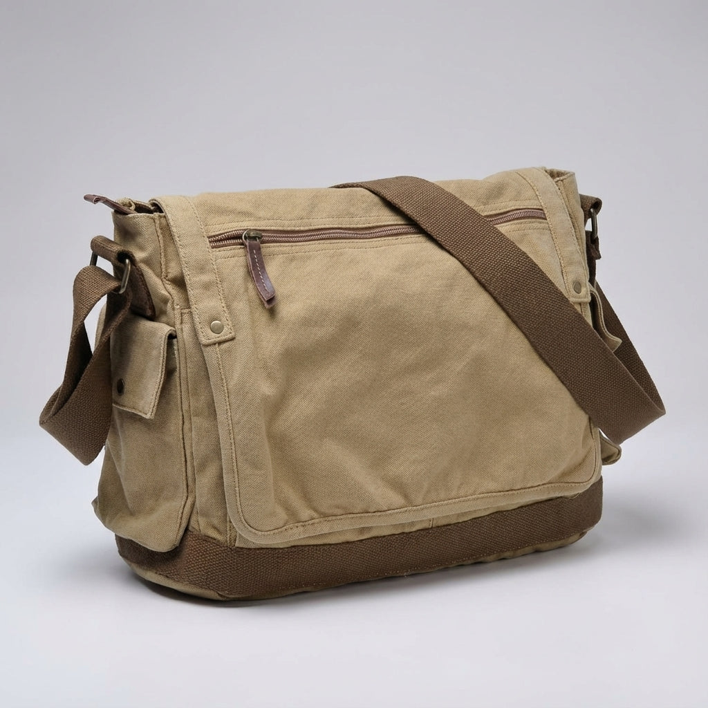 Achteraanzicht van ruime groene vintage canvas messenger tas, perfect als laptoptas en duurzame unisex werktas.