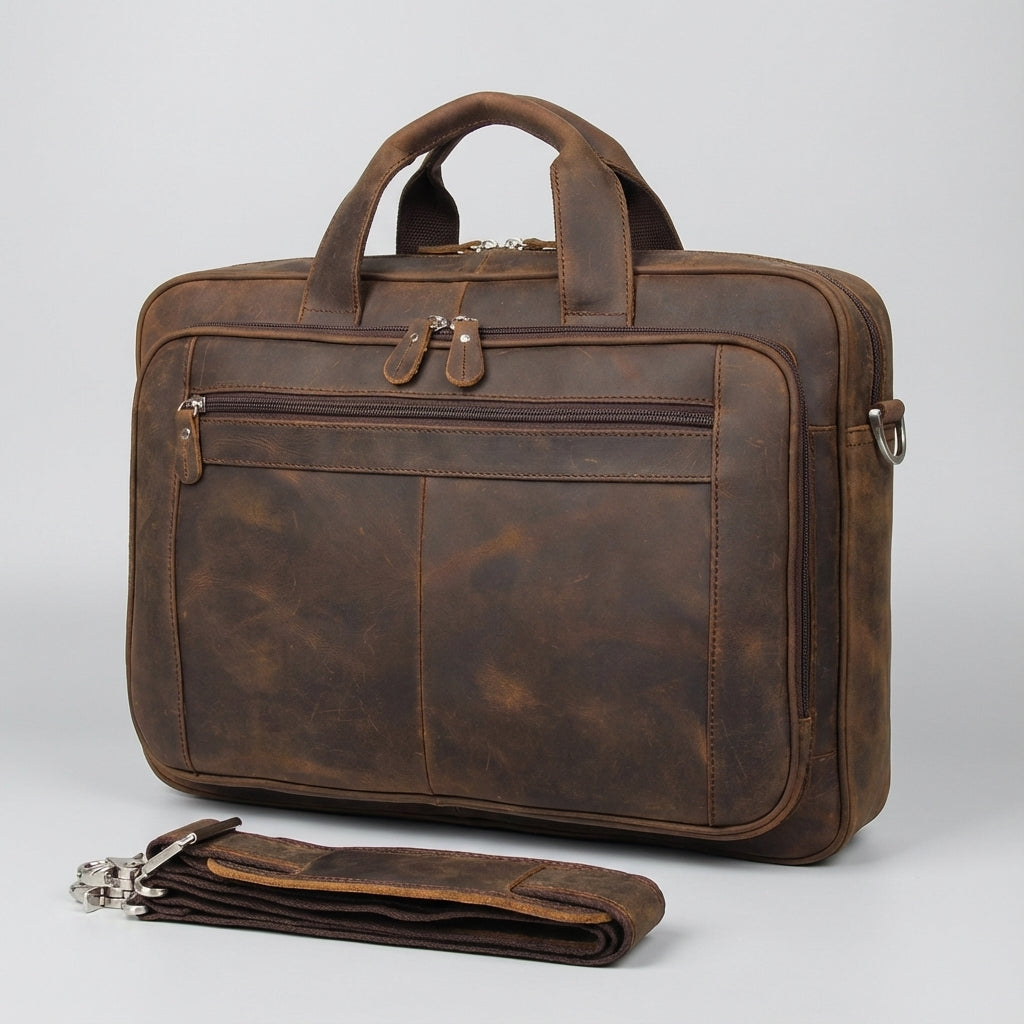 Duurzame unisex professionele laptoptas van bruin leer, perfect als werktas of aktetas voor zakelijk gebruik en reizen.