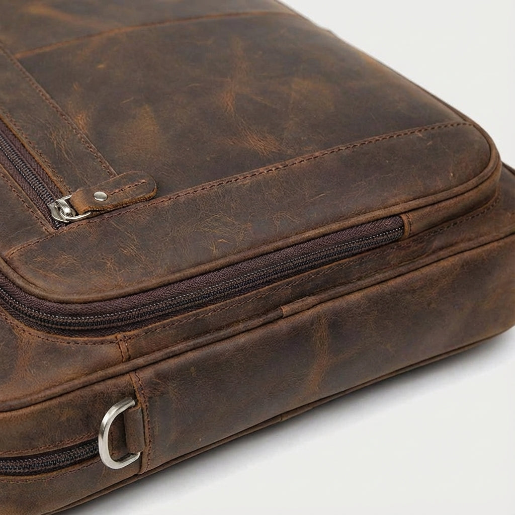 Ruime leren laptoptas in bruin, geschikt als Durabinder aktetas voor zakelijk gebruik, werk en reizen, met veel opbergruimte.