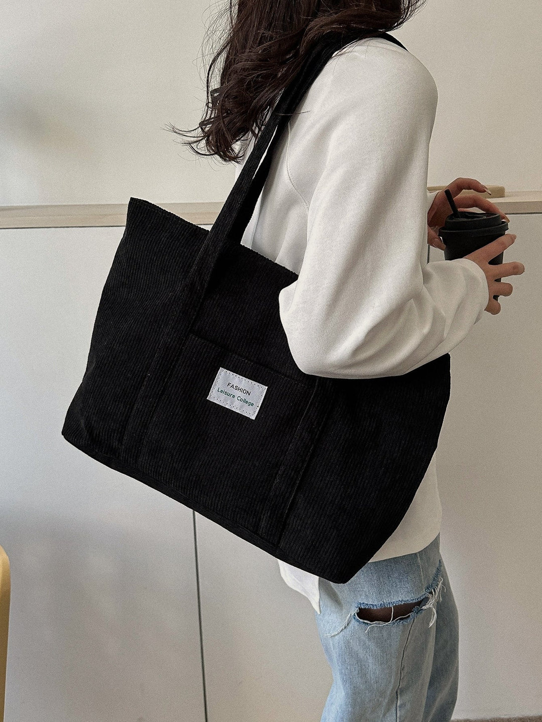 Casual grote corduroy tote bag, perfect voor werk, school & dagelijkse activiteiten.