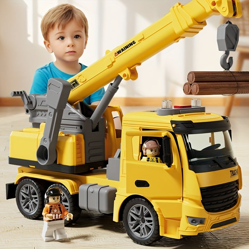 Grote gele kinder kraanwagen speelgoed met licht, geluid en beweegbare arm voor realistisch bouwplaats rollenspel.