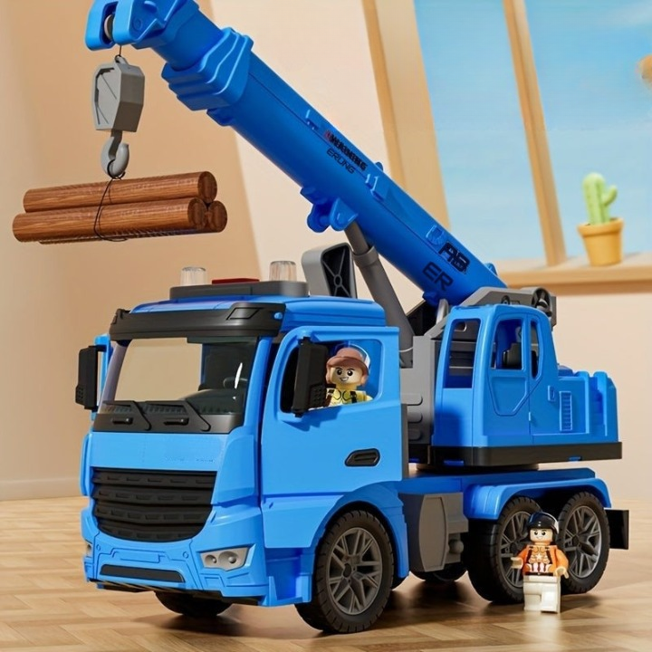Gedetailleerde kinder kraanwagen met werkende kraanarm, licht en geluid, bevordert motoriek & rollenspel.