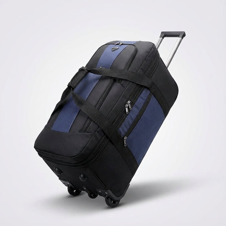 Stevige wielen en uitschuifbare handgreep van de opvouwbare trolleytas. Moeiteloos reizen met deze bagage.