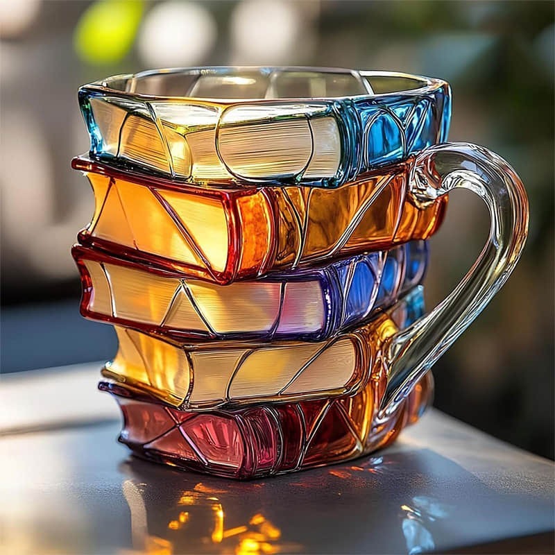 Handgemaakte 3D boekenmok met gedetailleerd literair design, perfect voor koffie of thee voor de boekenliefhebber.
