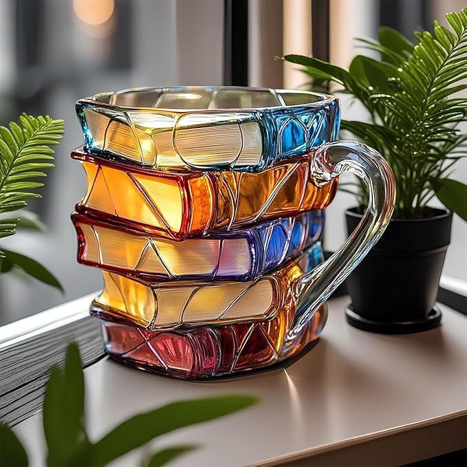 Unieke handgemaakte boekenmok, ideaal geschenk voor lezers en boekenliefhebbers. Literaire koffiekop met 3D effect.