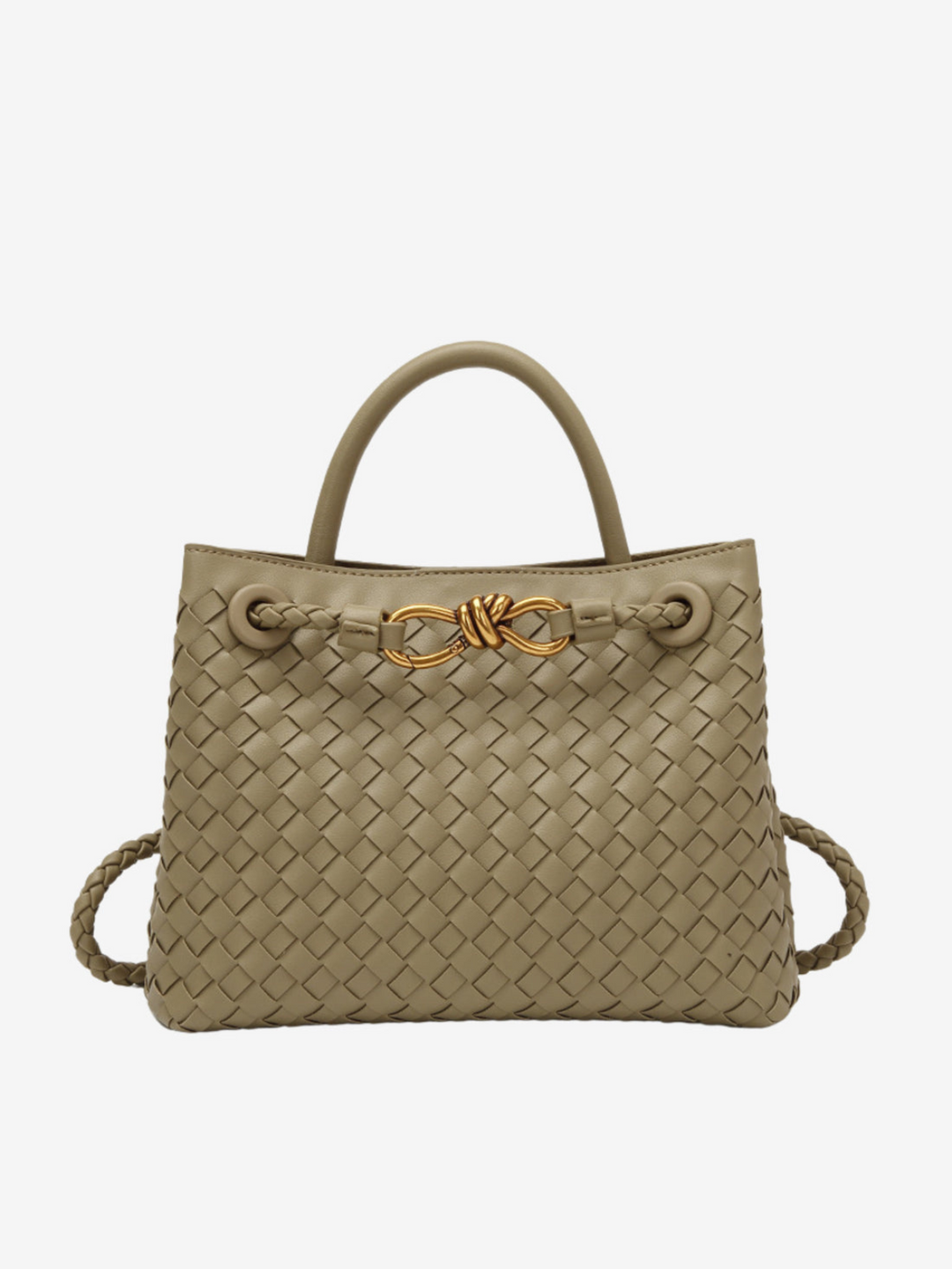 "Handgemaakte leren tas met vlechtwerk en gouden accenten, elegante design, ideaal voor dames, veelzijdig als handtas."