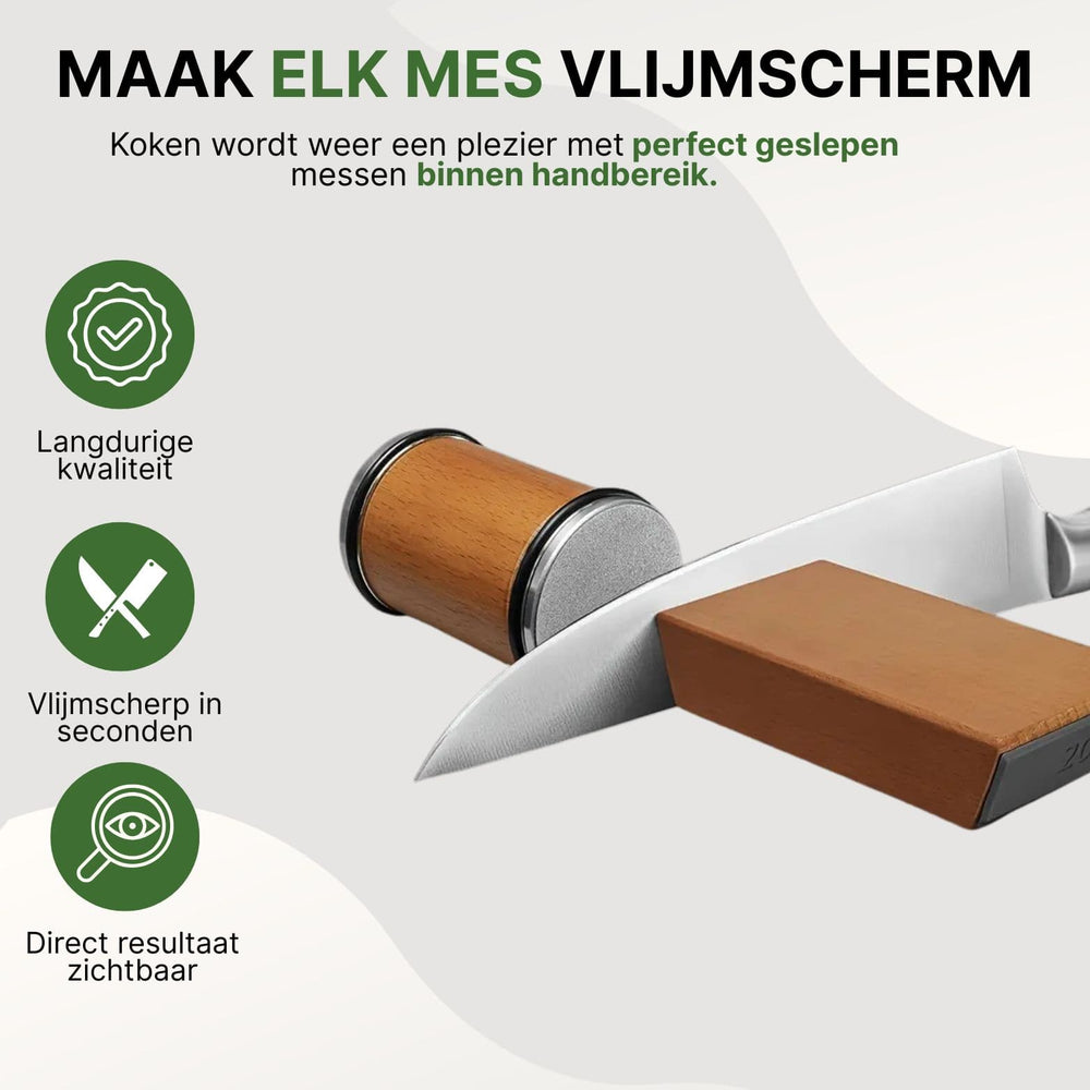 "Handmatige messenslijper van hout en metaal met keramische en diamantschijven in actie met koksmes, keukenaccessoire."