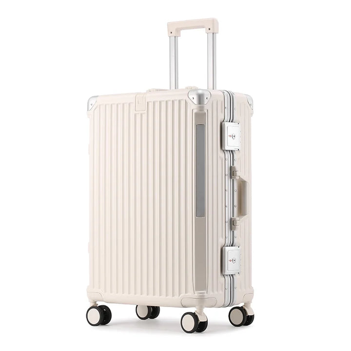 Moderne harde koffer met aluminium frame, inclusief TSA slot en stille spinnerwielen. Perfect voor vakantie.