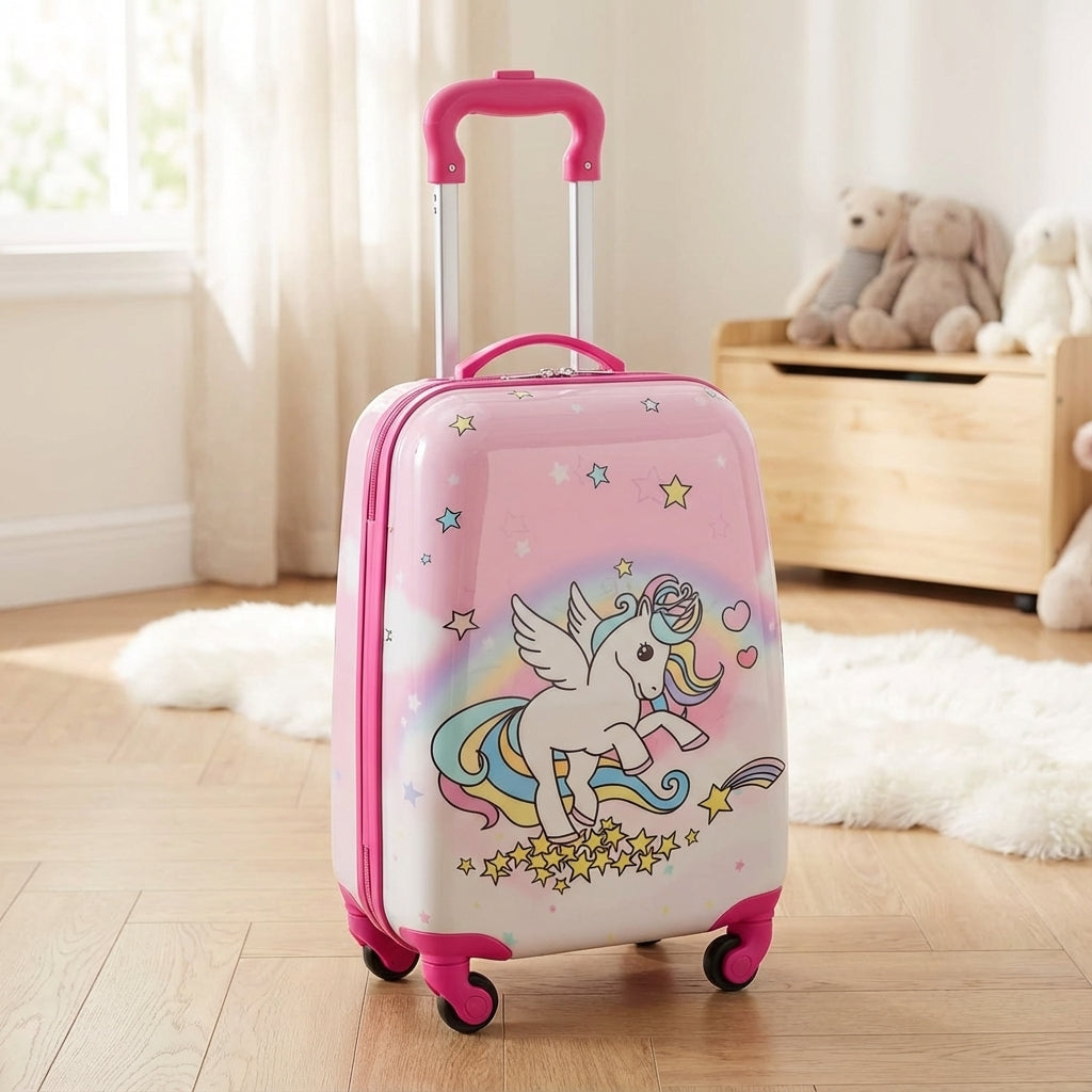 Harde Unispark kinderkoffer met wielen voor meisjes, met eenhoorn design, ideaal voor vakantie en reizen.