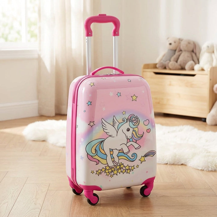Harde Unispark kinderkoffer met wielen voor meisjes, met eenhoorn design, ideaal voor vakantie en reizen.