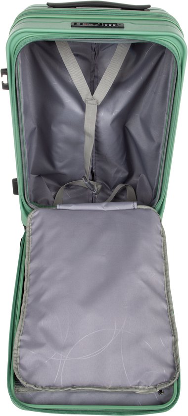 Zwarte hardshell koffer, Vienna model, met laptopvak en soepele 360° zwenkwielen.
