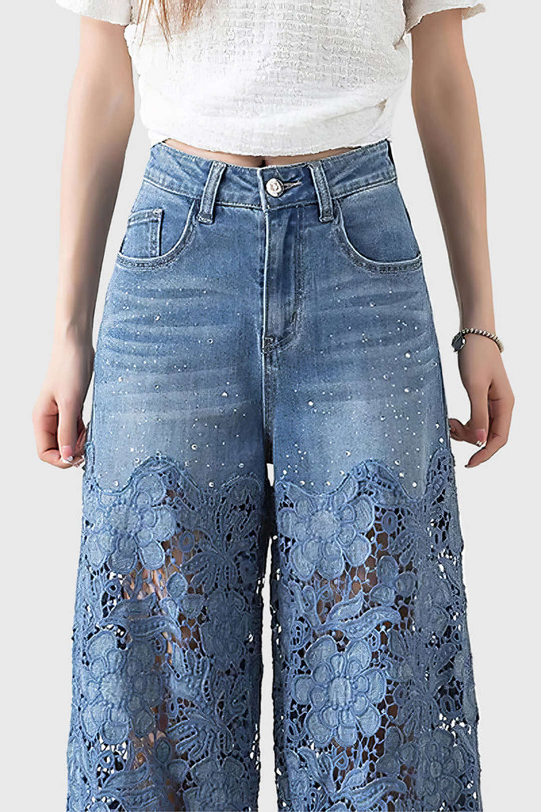 Comfortabele wijde pijpen spijkerbroek voor dames, met trendy patchwork en verfijnde kanten details, perfect voor elke outfit.