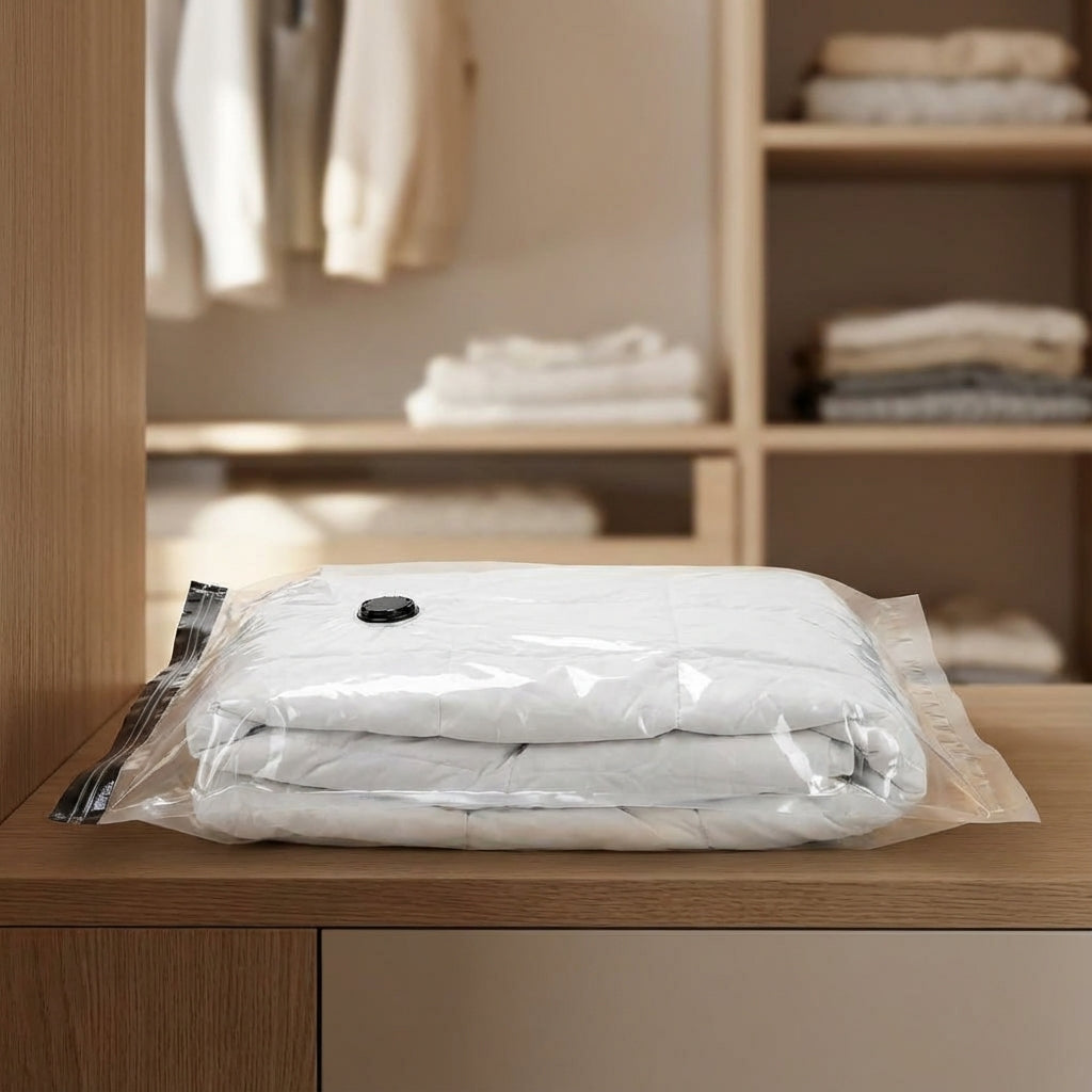 Herbruikbare vacuüm opbergzakken voor maximale ruimtebesparing van kleding en beddengoed. Ideaal voor thuisorganisatie.