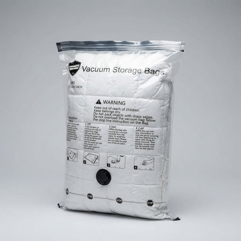 Compressiezakken voor reizen: vacuüm opbergzakken besparen kofferruimte. Perfect voor kleding en beddengoed, makkelijk opbergen.
