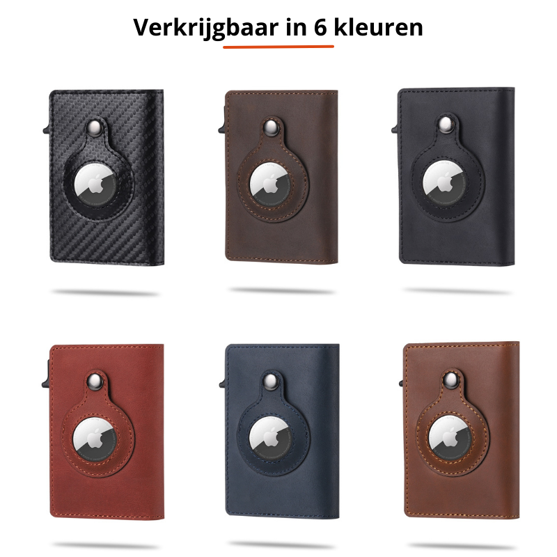 Stijlvolle heren portemonnee met geïntegreerde Airtag houder, zwart leer en RFID-blokkering.