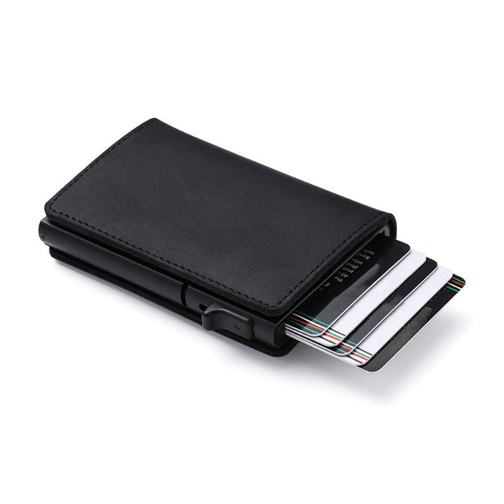 Zwarte lederen heren portemonnee met ruimte voor Airtag, biedt RFID-bescherming, ideaal cadeau.