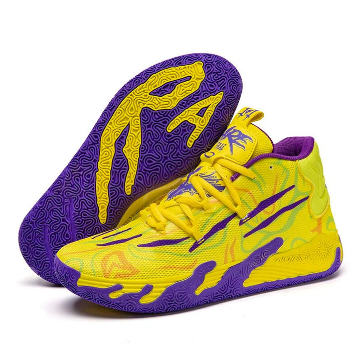 Robuuste heren basketbalschoenen met enkelondersteuning en stevige grip voor snelle wendingen.
