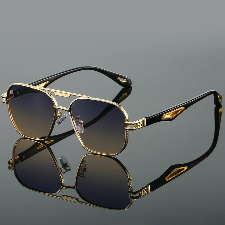 "Heren aviator zonnebril met hoekige dubbele brug, UV400 bescherming, roestvrijstalen frame, stijlvol en modern design."