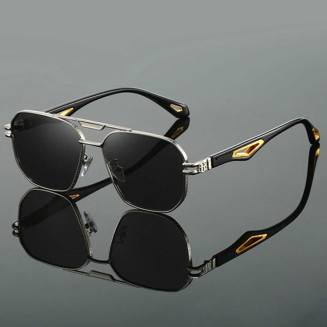 "Heren aviator zonnebril met hoekige dubbele brug, UV400 bescherming, roestvrijstalen frame, stijlvol en modern design."