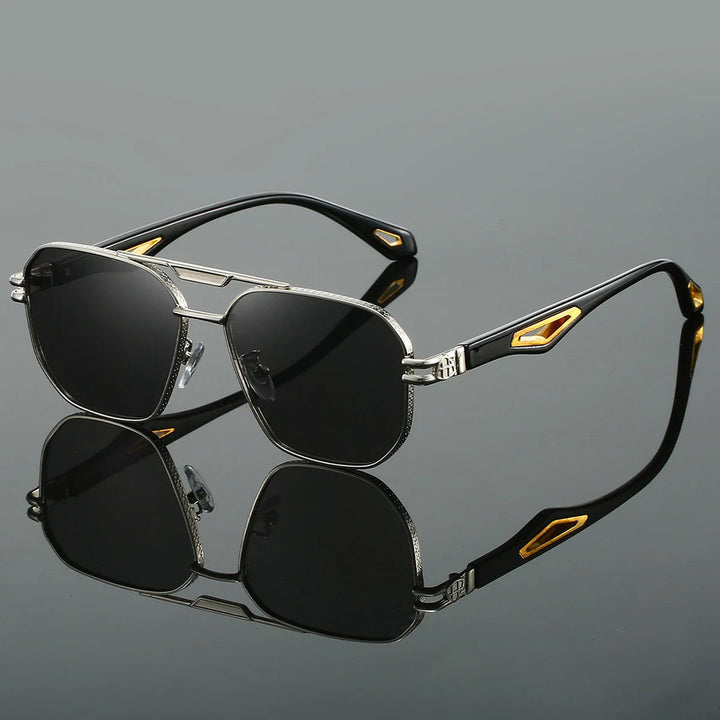 "Heren aviator zonnebril met hoekige dubbele brug, UV400 bescherming, roestvrijstalen frame, stijlvol en modern design."