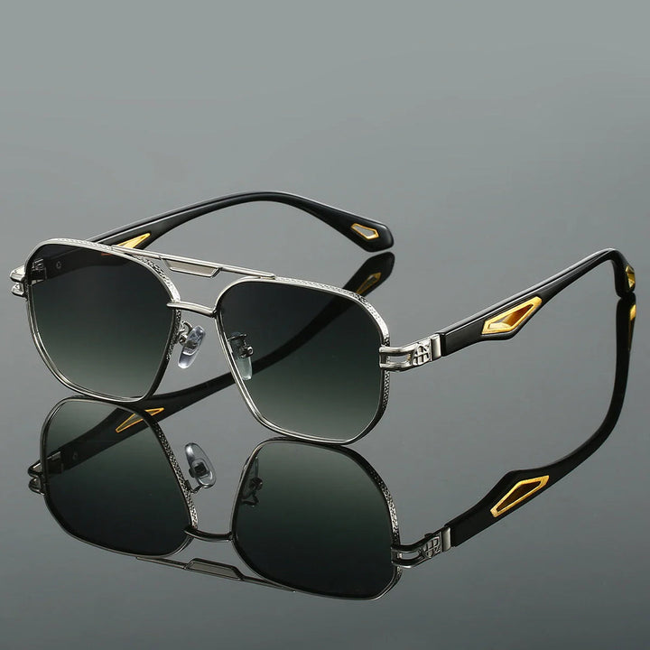 "Heren aviator zonnebril met hoekige dubbele brug, UV400 bescherming, roestvrijstalen frame, stijlvol en modern design."