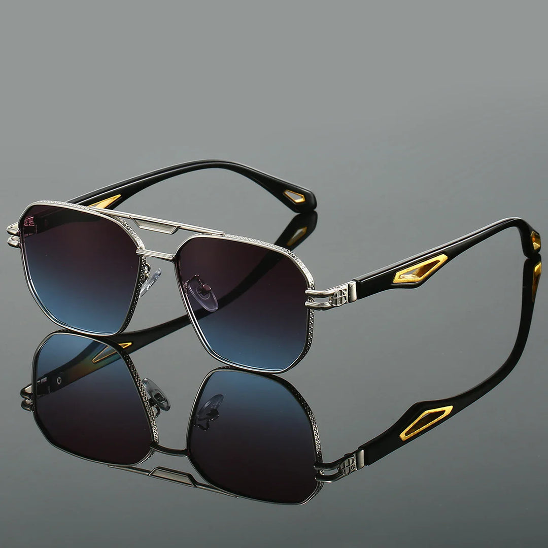 "Heren aviator zonnebril met hoekige dubbele brug, UV400 bescherming, roestvrijstalen frame, stijlvol en modern design."