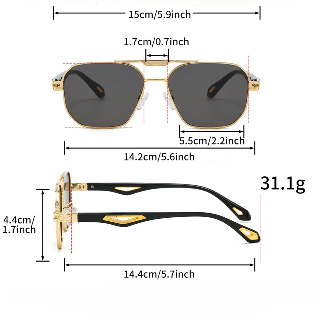 "Heren aviator zonnebril met hoekige dubbele brug, UV400 bescherming, roestvrijstalen frame, stijlvol en modern design."