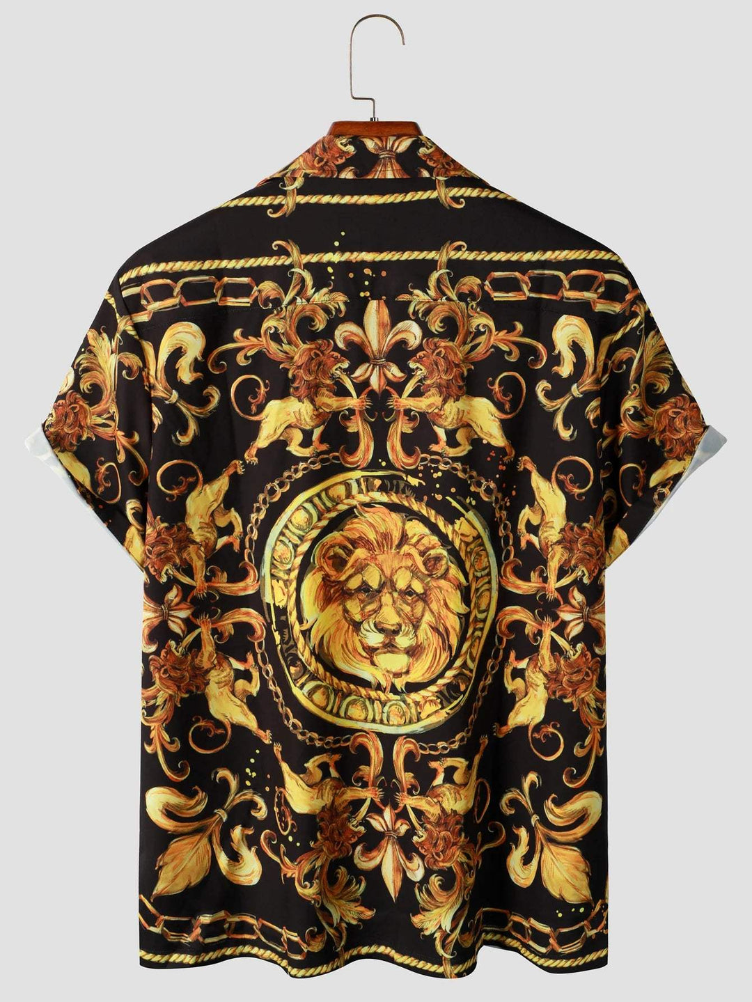 Luxe heren overhemd, barokke leeuwenprint in goud/zwart, perfect voor een avondje uit, statement fashion.