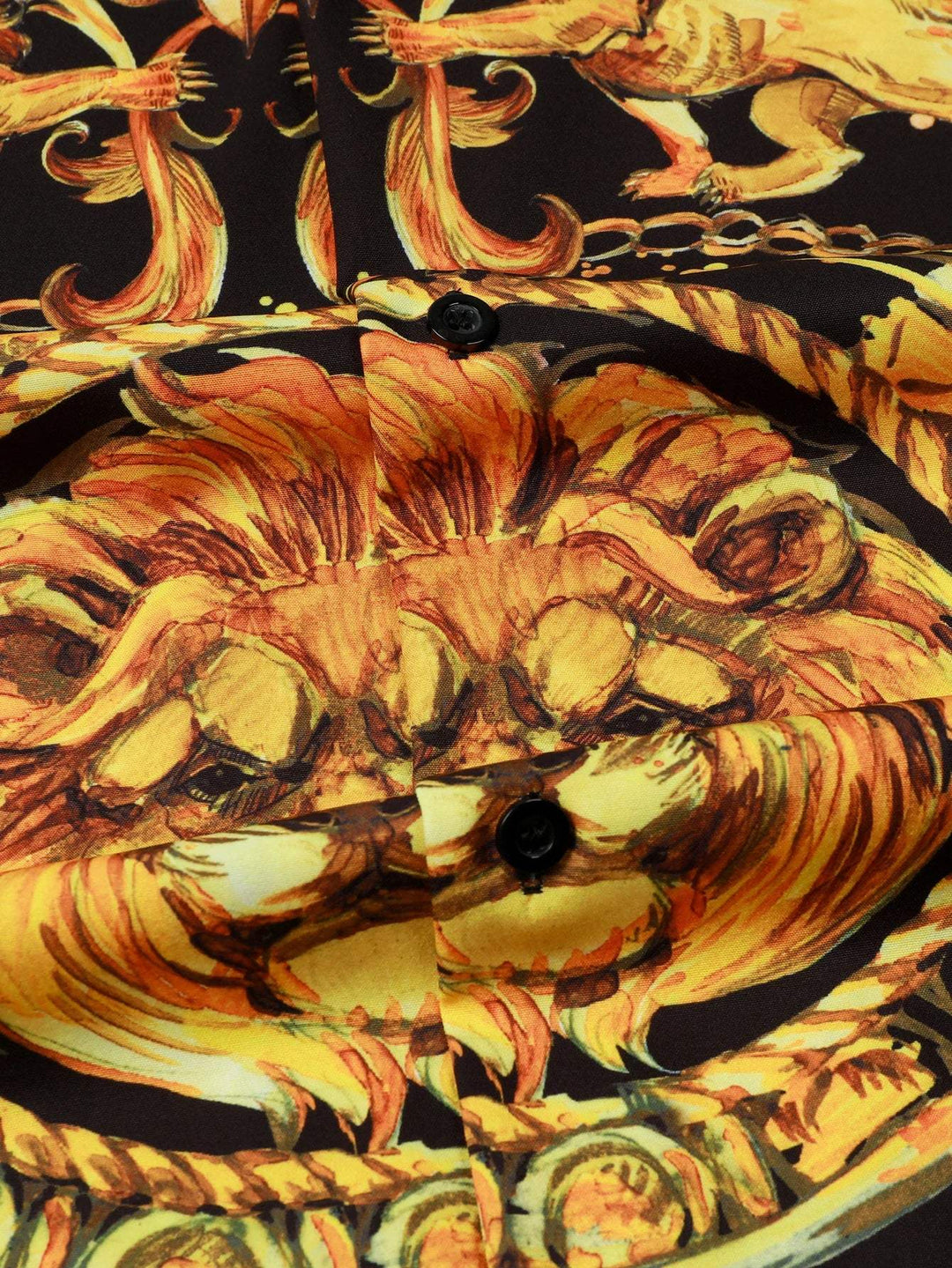 Goud-zwart heren barok overhemd met luxe leeuwenprint, korte mouw, ideaal voor een statement avondlook.