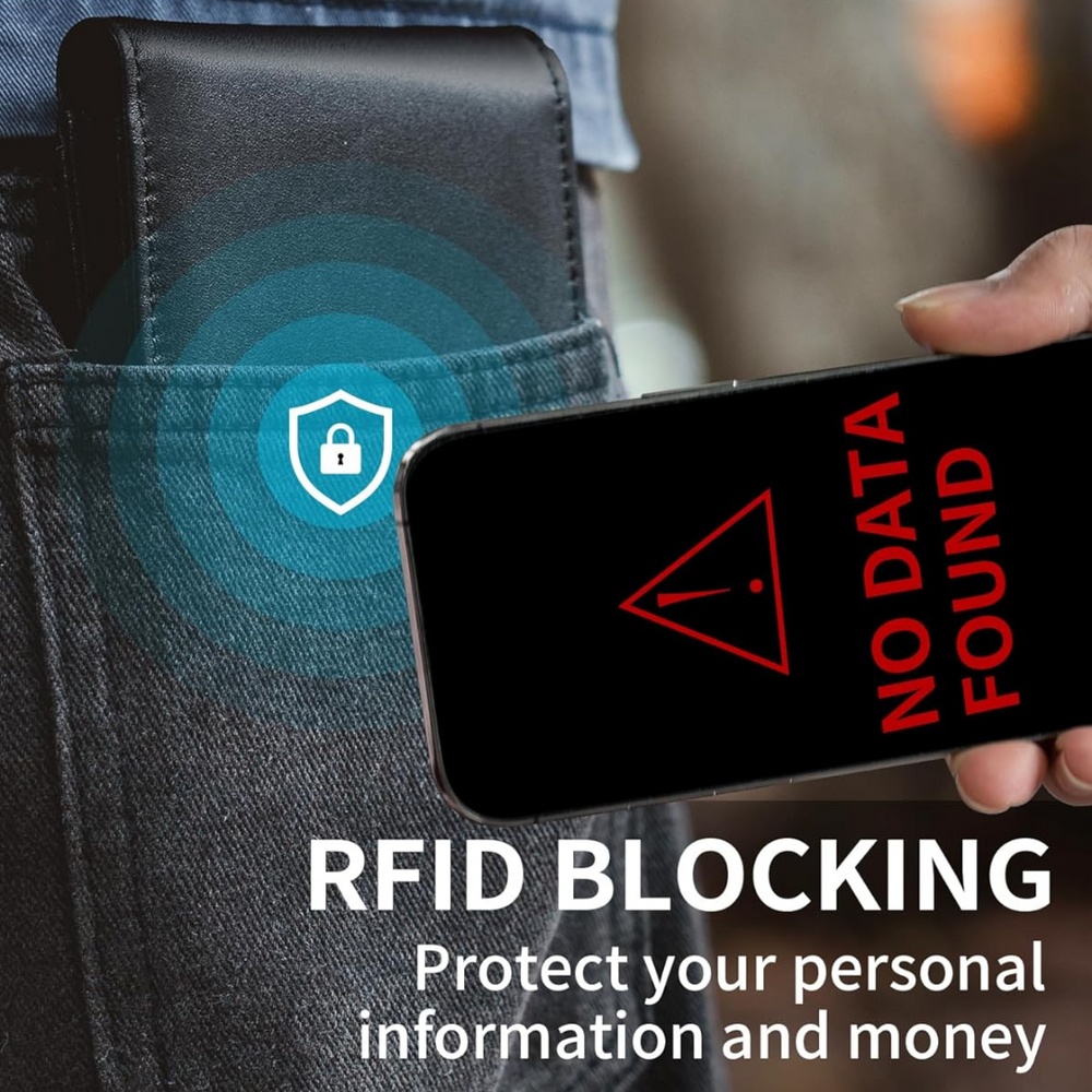 "Heren bifold portemonnee van echt leer, slank ontwerp met RFID blokkerende technologie, 13 kaartsleuven, luxe stijl."