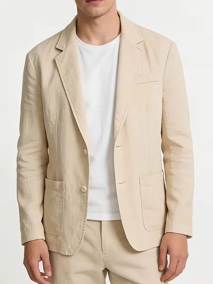 Zomerse herenblazer met ademende stof en stijlvolle notched revers, ideaal voor warme dagen en herenmode.