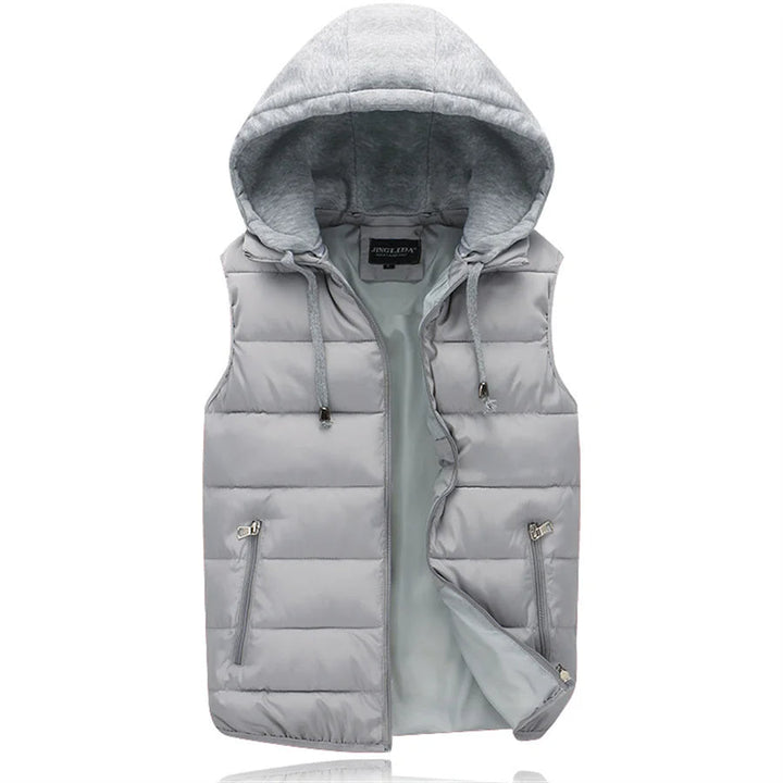Heren bodywarmer met capuchon, stijlvol gewatteerd vest in donkere kleur voor lente/herfst.