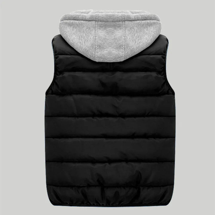 Warme en casual heren bodywarmer met capuchon en rits, ideaal voor buiten in de lente of herfst.