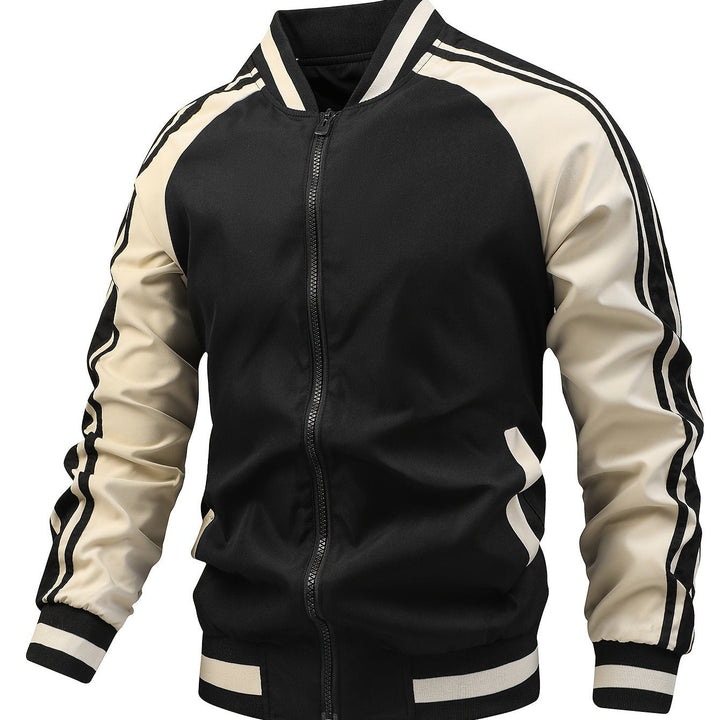 Heren bomberjack met ritssluiting, retro strepen op mouwen, perfect voor casual streetwear look.