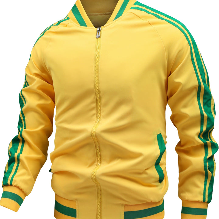 Sportief heren bomberjack met praktische ritssluiting en karakteristieke retro strepen.