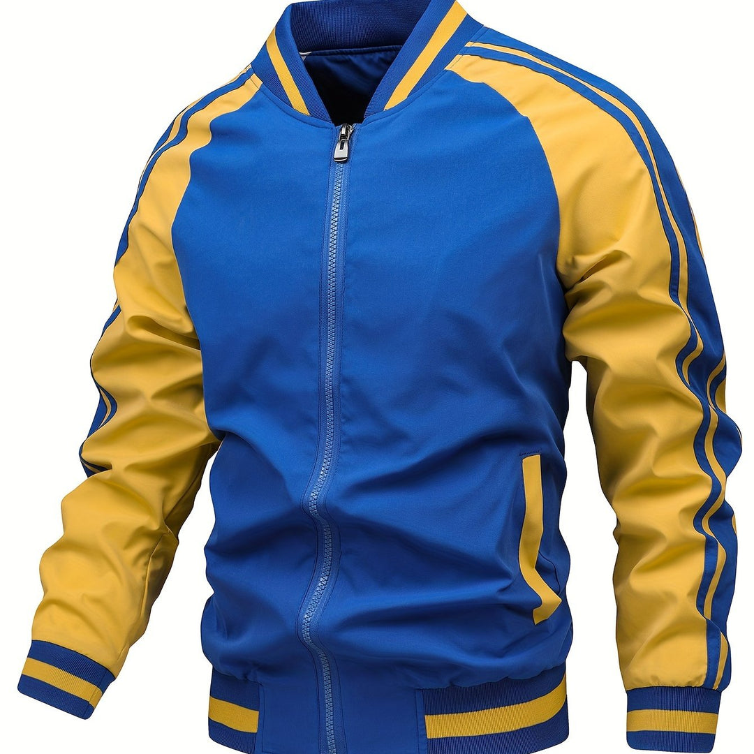 Trendy heren jack, bombermodel, met retro strepen langs de mouwen en robuuste ritssluiting.