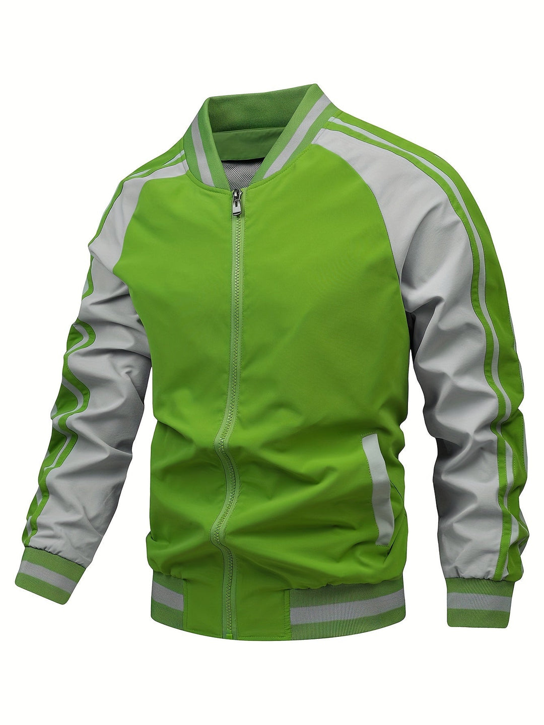 Stijlvol heren bomberjack met opvallende retro strepen en stevige ritssluiting, trendy streetwear.