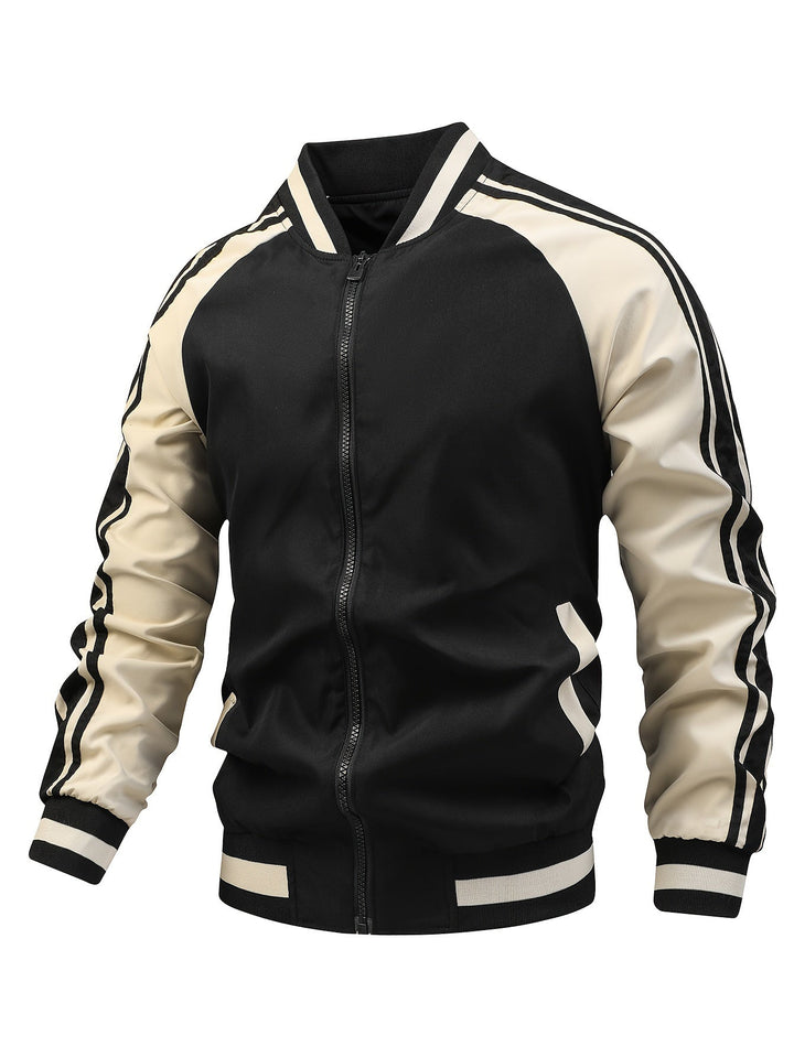 Comfortabel heren jack, bombermodel, met sportieve strepen en handige ritssluiting.