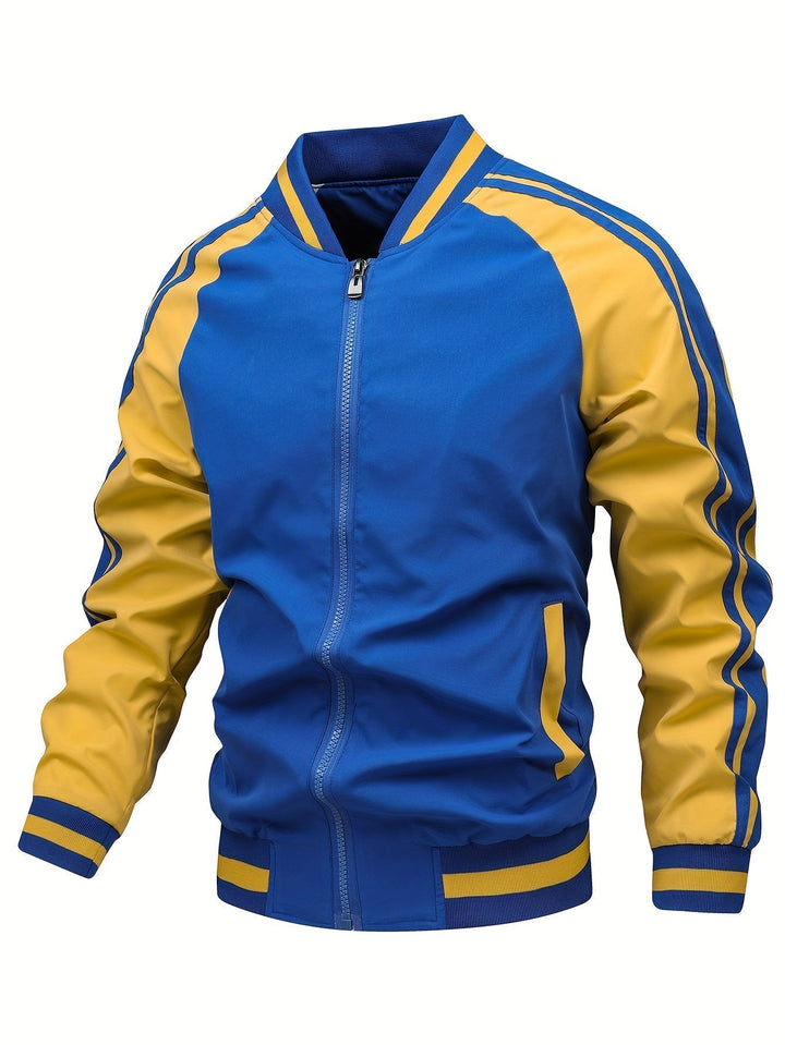 Retro bomberjack voor heren, casual pasvorm, met strepen op de armen en ritssluiting vooraan.