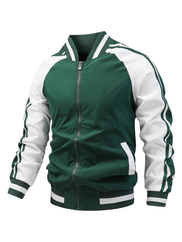 Stijlvol heren bomberjack, sportief en comfortabel, met vintage streepdetails en rits.