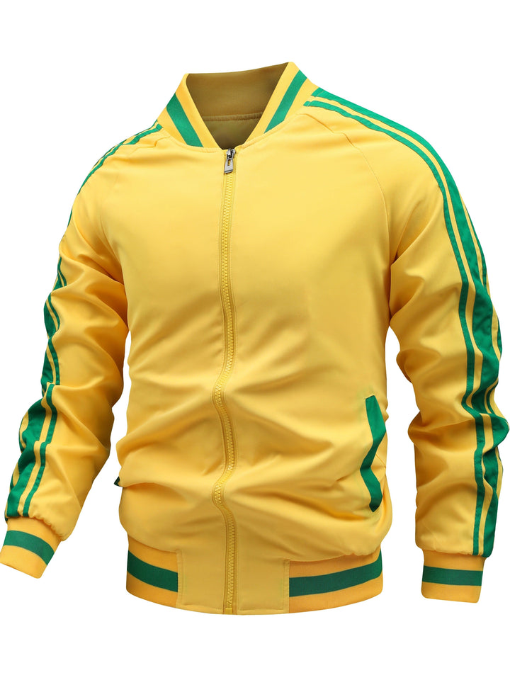 Heren jack van bomberstof, met retro strepen, ritssluiting en perfect voor een relaxte look.