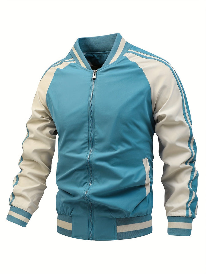 Casual heren bomberjack met opstaande kraag, ritssluiting en trendy retro strepen.